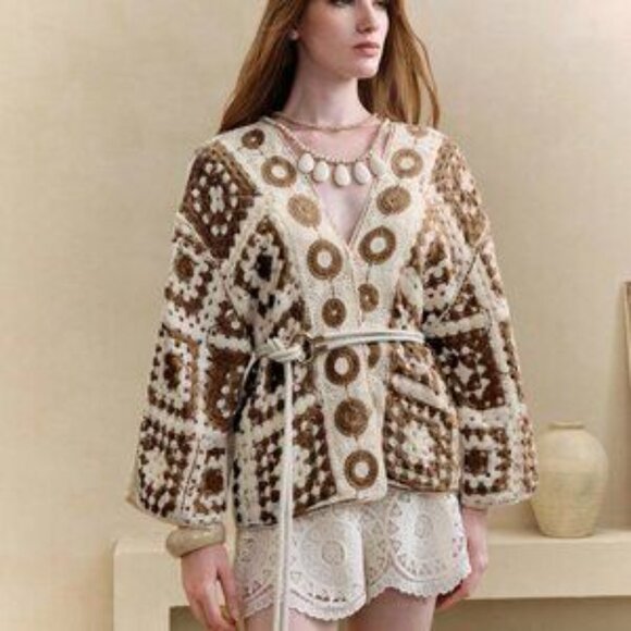 Coffee Brown Casual Women's Geometric Crochet Dolman Sleeve Cardigan - Picture 7 of 7